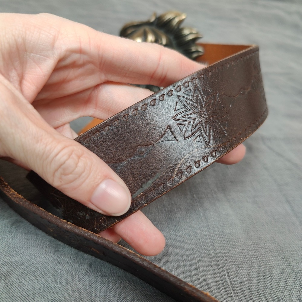 Vintage Y2K Diesel Lion Buckle Belt Brown Leather Mens Size 80 Made in Italy - Picture 5 of 12